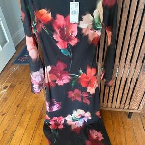 Mango Black Floral Long Sleeve Dress NWT